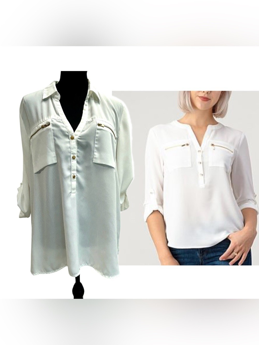 Mandee White Utility Pocket V-neck half button down Blouse roll tab sleeve XL